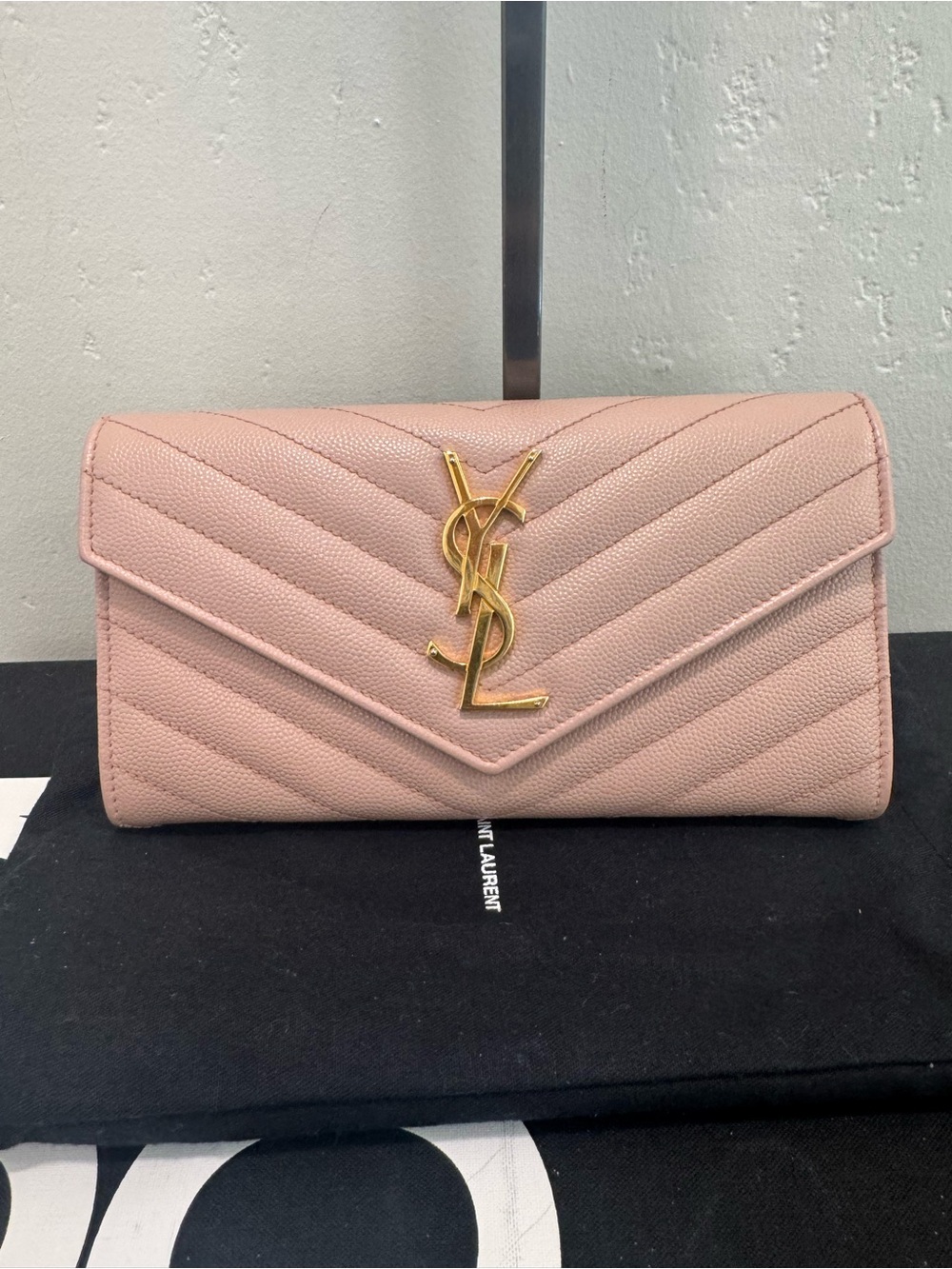Saint Laurent Blush Quilted Leather Envelope Clutch with Gold YSL